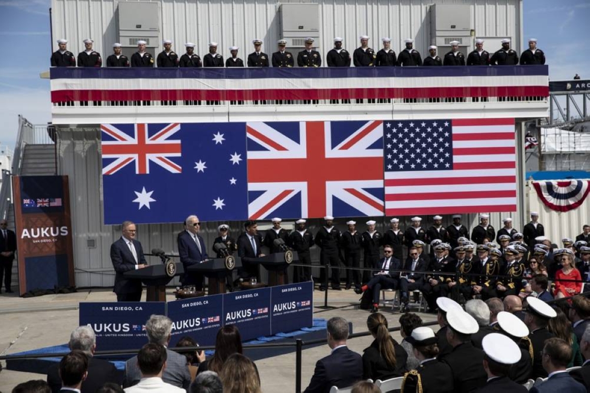 THREE-WAY PACT (From left, onstage) Australia's Prime Minister Anthony Albanese, then-president Joe Biden of the United States and then-prime minister Rishi Sunak of the United Kingdom hold a press conference on the Aukus nuclear submarine deal at the Naval Base Point Loma in San Diego, California, on March 13, 2023. EPA FILE PHOTO